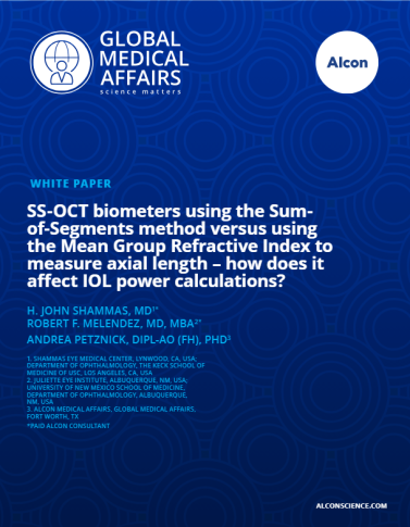 SS-OCT biometers using the Sum- of-Segments method versus using the Mean Group Refractive Index to measure axial length – how does it affect IOL power calculations? SS-OCT biometers using the Sum- of-Segments method versus using the Mean Group Refractive Index to measure axial length – how does it affect IOL power calculations?